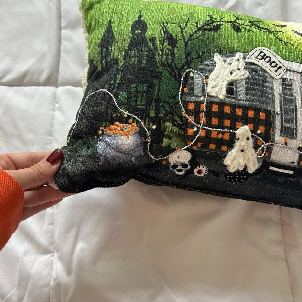 Spooky Night Halloween Haunted Ghost‎ Camping Embroidered Throw Pillow 12 X 8